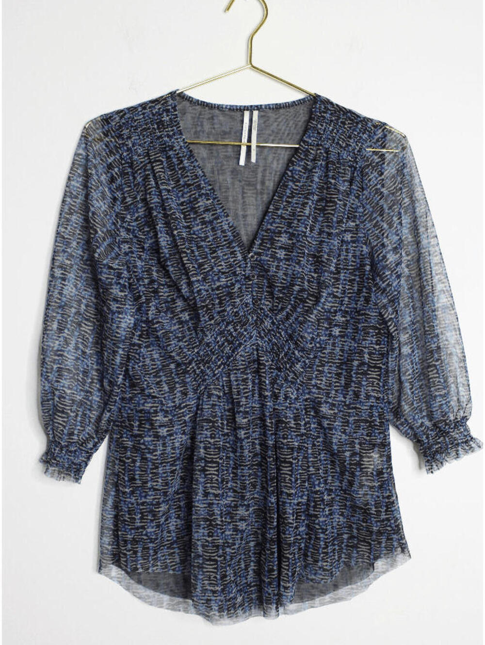 Anthropologie Abstract Blue Sheer Balloon Sleeve Blouse Top - Small